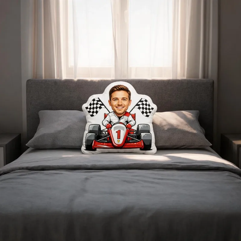 Custom Personalized Photo Racer Shaped Pillow, Smiling Face in Red Go-Kart with Checkered Flags Custom Picture Decorative Cushio