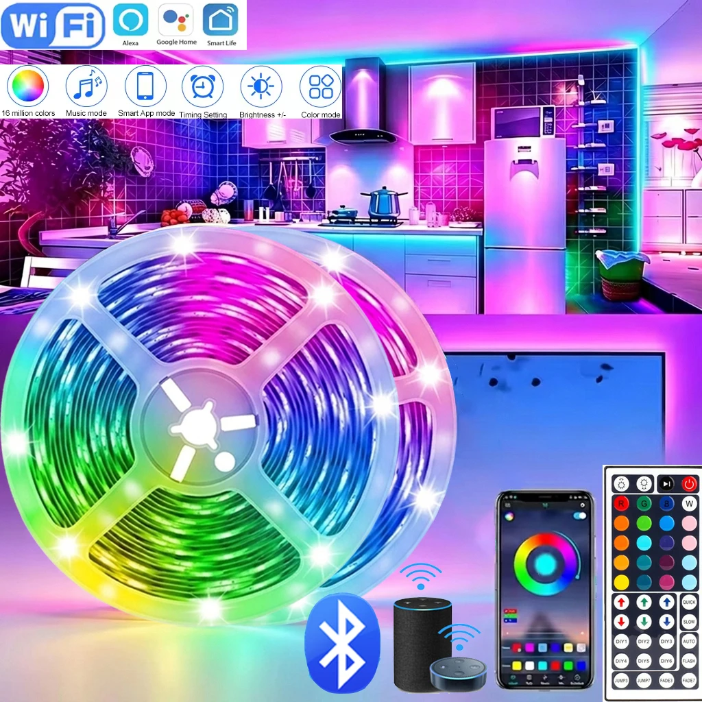 WiFi USB RGB LED Strip Light 44 Keys Remote App Control Music Sync TV Backlight Bedroom Decor Flexible LED Tape Light 1M-30M