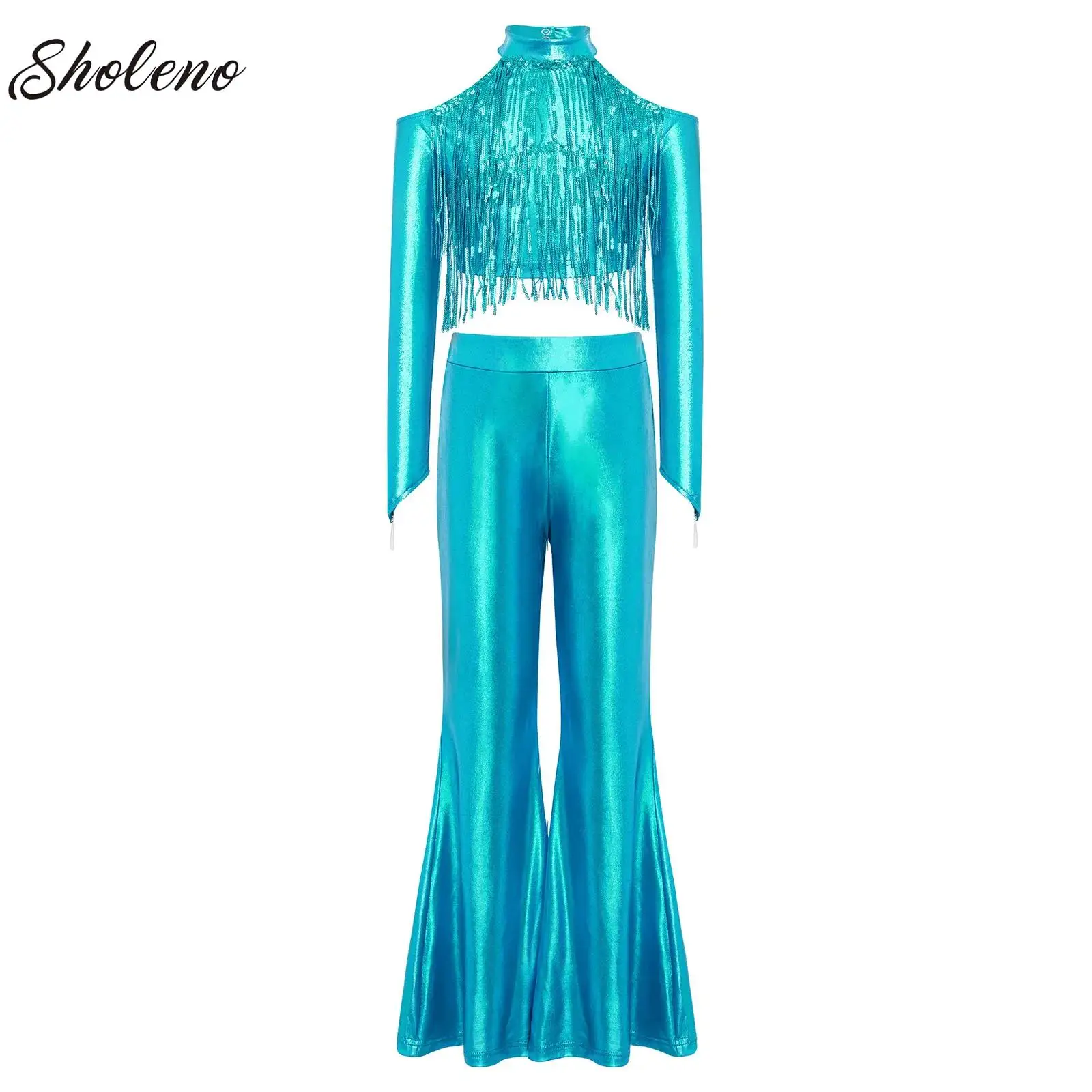 

Kids Girls 70s Disco Dance Jumpsuit Shiny Sequin Tassel Crop Top with Bell-Bottom Pants Halloween Hippie Cowgirl Cosplay Costume