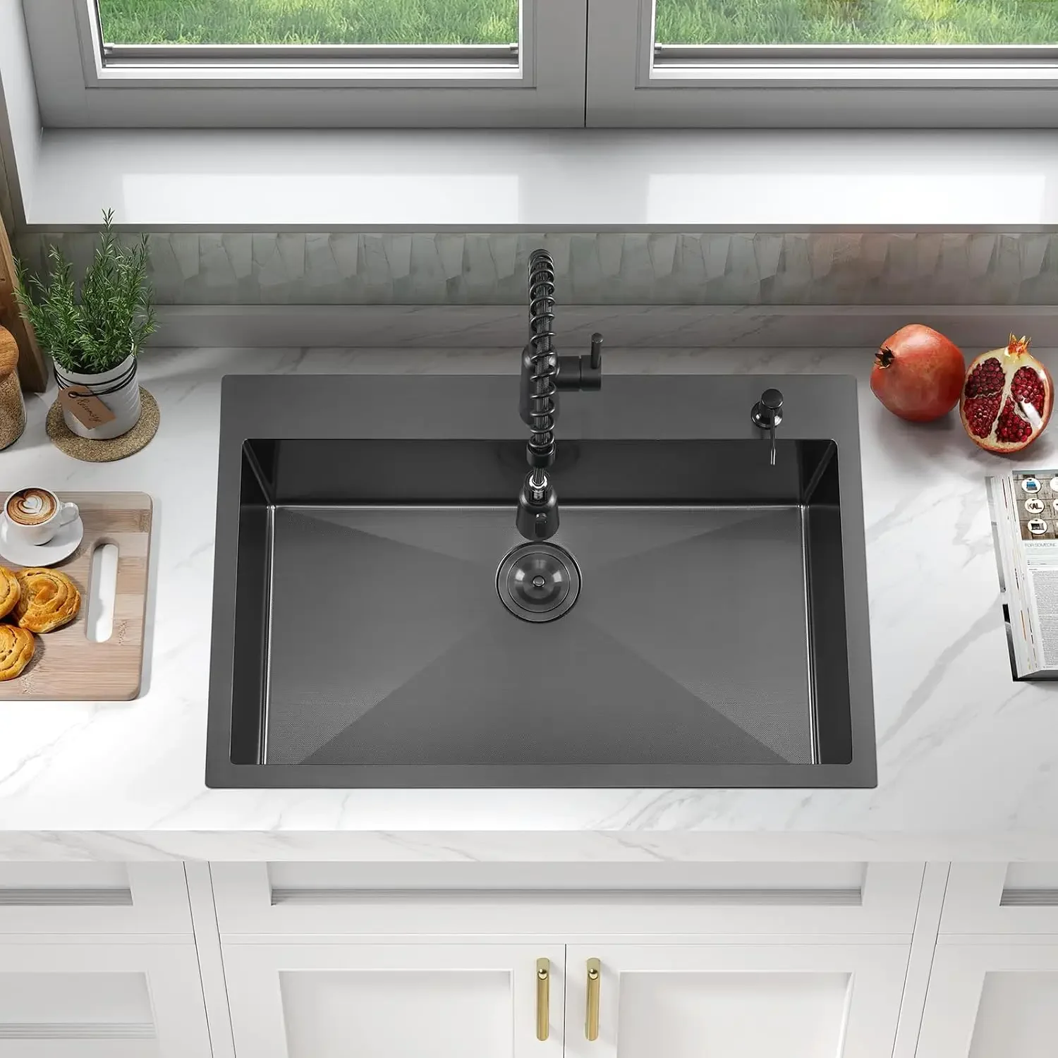 33 Inch Black Large Single Bowl Drop in Kitchen Sink | 33x22 Inch, Nano Black Stainless Steel, Handmade, Drop in, Single Bowl Ki