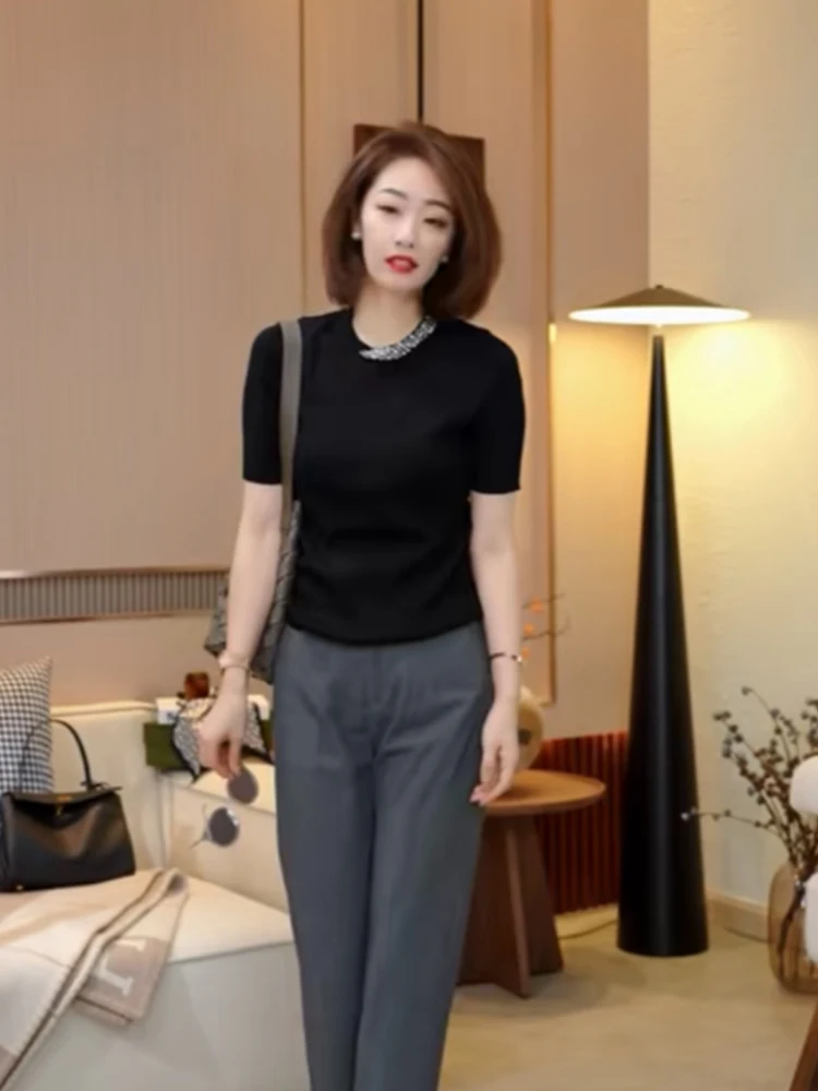 

Летний повседневный трикотажный топ из ледяного шелка: универсальная базовая футболка с эффектом похудения, омолаживающая, стильная, с коротким рукавом, круглым вырезом, стандартного кроя