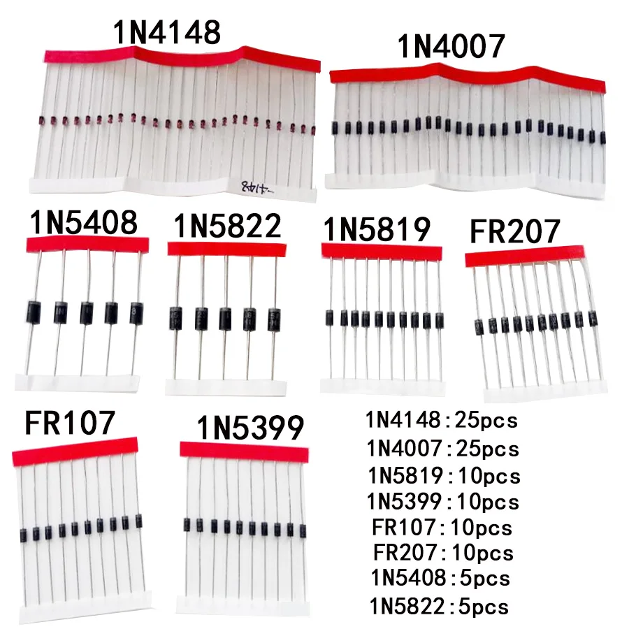 100pcs Diodes kit Rectifier Diode Fast Switching Diode Schottky Diode 1N4148 1N4007 1N5819 1N5399 FR107 FR207 1N5408 1N5822