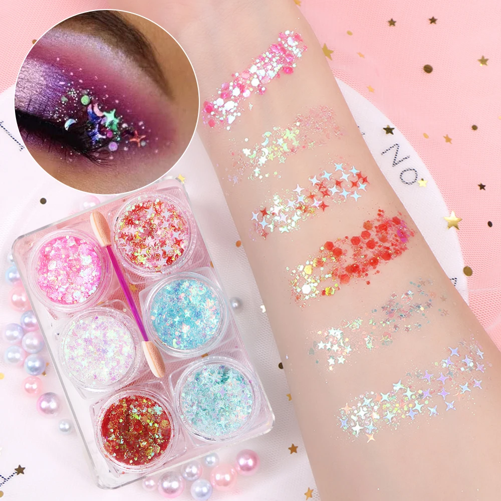 6Jars Iridescent Eye Face Nail Art Glitter Star/Heart/Hexagon Chunky Nail Sequins 3D Flakes For Women Makeup Party Festival