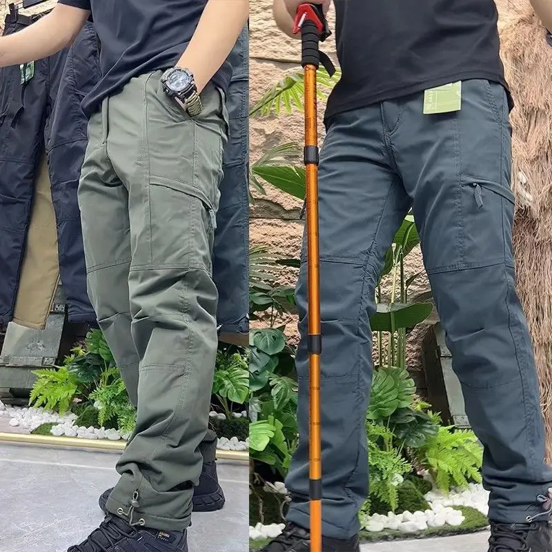 メンズアウトドアフリースカーゴパンツ、ゆったりプラスサイズハイキングソフトシェルパンツ、冬用厚手防風保温ワークパンツ