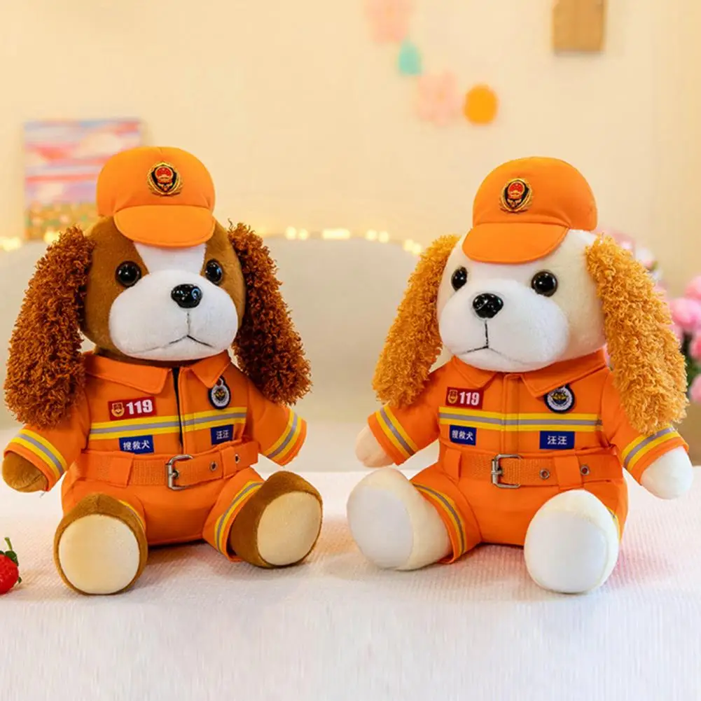 

Cute Dog Soft Toy Firemen Dog Stuffed Plush Soft Pp Cotton Filled Rescue Puppy Doll with Clothes Hat Fuzzy Ears Home Decoration