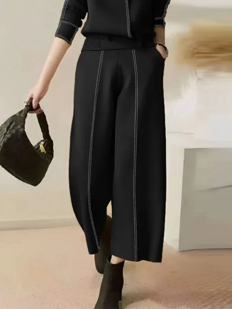 2026 New Minimalist Black Wide Leg Pants For Women Fashion Contrast Stitch Elastic High Waist Casual Trousers Bottoms