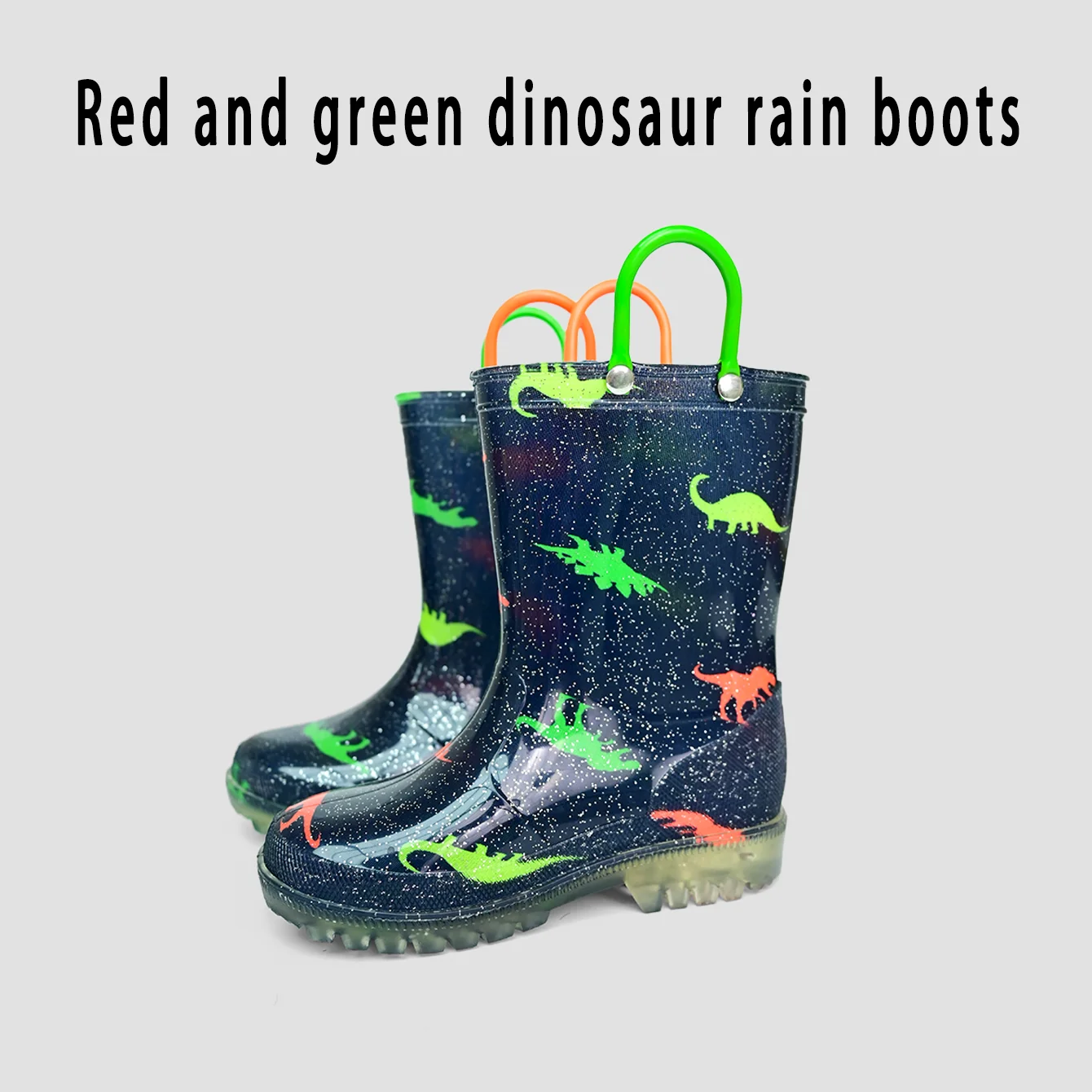 Kids’ Outdoor Cute Cartoon Dinosaur Glitter PVC Rain Boots with handles - Waterproof Anti-slip Water Shoes - Wear-Resistant, Eas