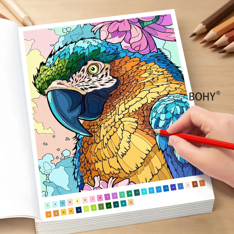 1 Adult Decompression Pencil Color Drawing Book, Themes As Lilies, Colorful Parrots, Tropical Flowers, Flamingos, Etc., 32 Pages
