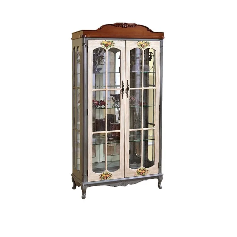 ^European Furniture American Country Style Solid Wood Wine Cabinet Double Doors Mediterranean Painted TV Side Home Furniture