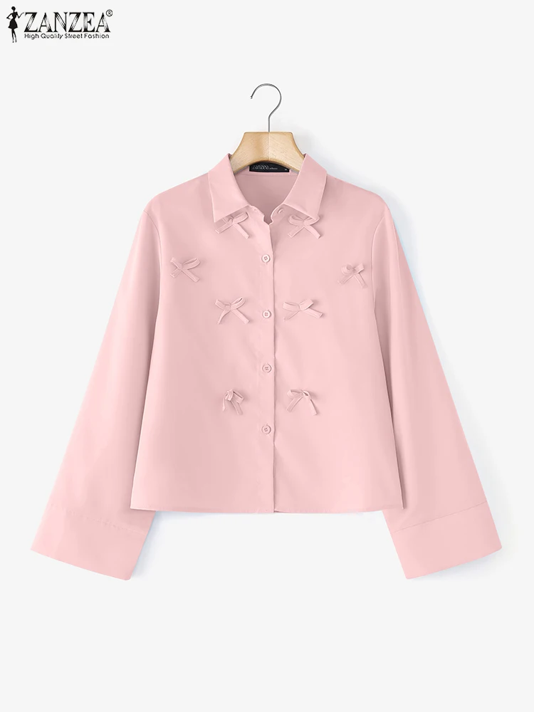 ZANZEA Fashion Women Long Sleeve Shirts Solid Color Bow Blouse 2025 Elegant Office Lady Tops Autumn Korean Blusas Streetwear