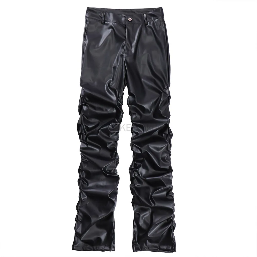 Calça masculina plissada de couro pu, moda casual streetwear, calças de rua alta, roupas grunge, preta, hip hop, punk, designer, Y2K