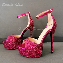 Rose Sequins Open Heels Women Platform Stiletto Sandals Colorful Shiny Bling Cover Buckle Pump Casual Elegant Purple Dress Shoes