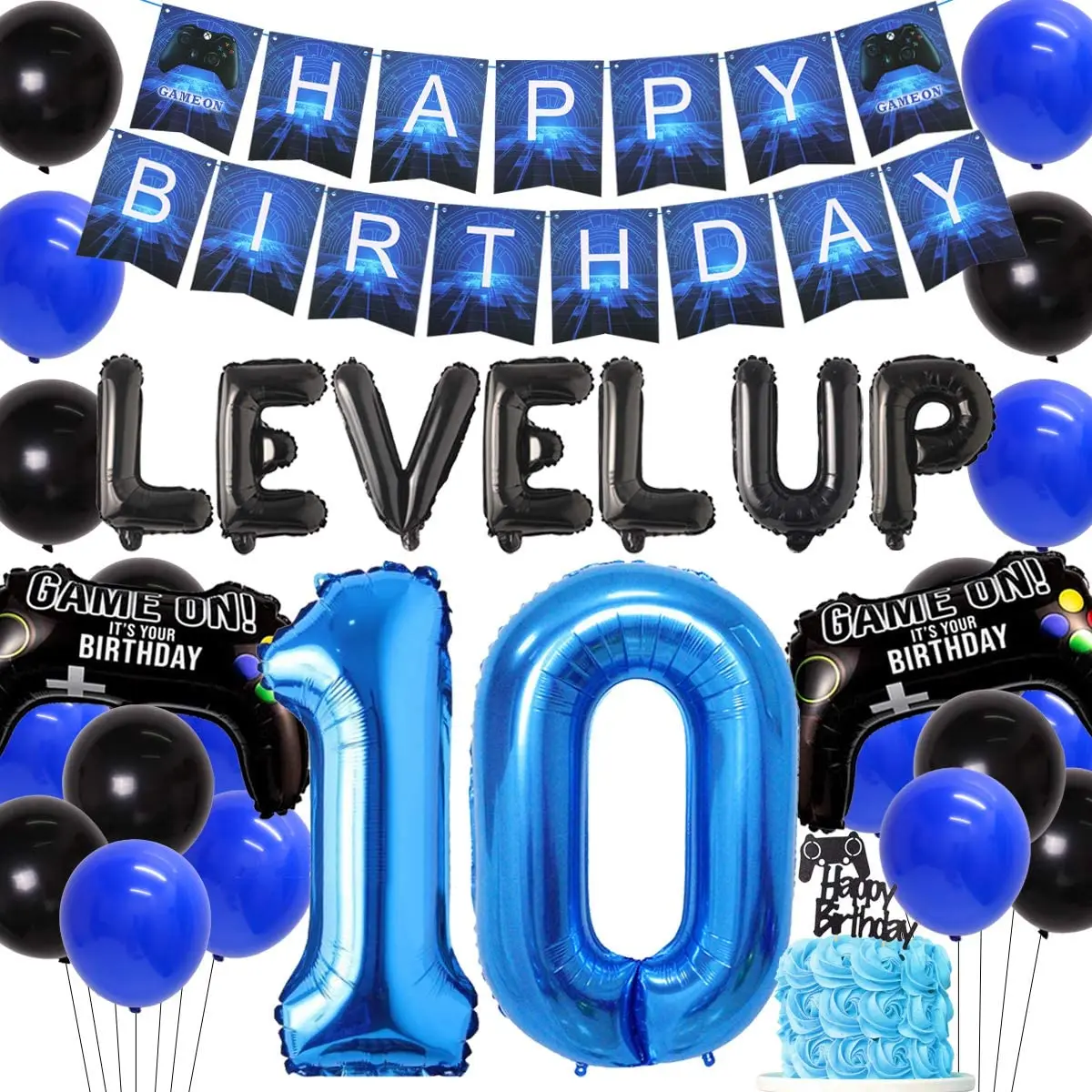 

JOYMEMO Video Game 10th Birthday Party Decorations Black Level Up Game Controller Balloons Blue 10 Years Old Birthday Banner