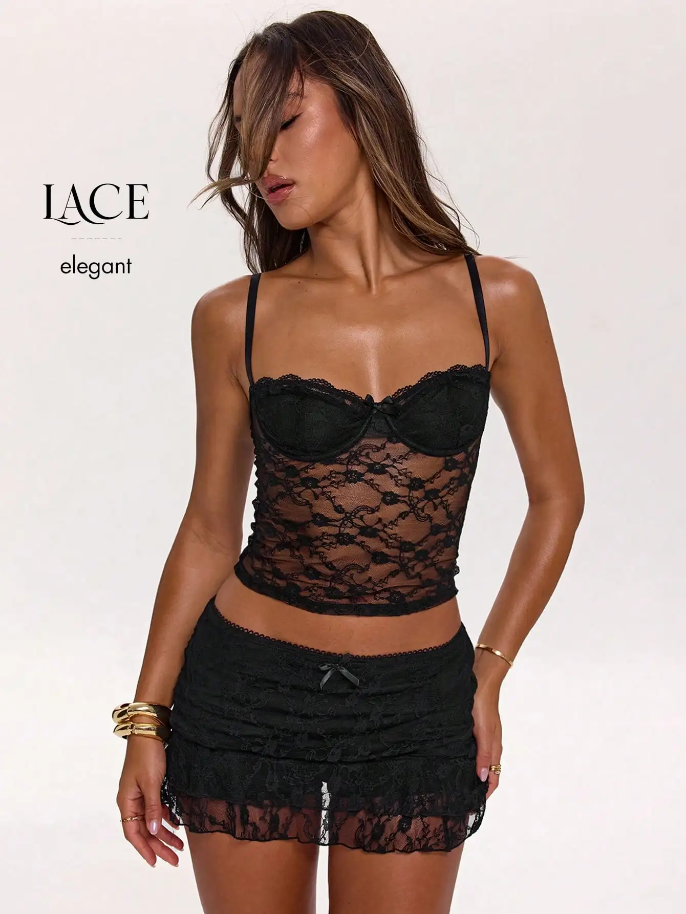

Black Lace Camisole Crop Top with Thin Straps, Sexy Sheer Design for Party or Street Style