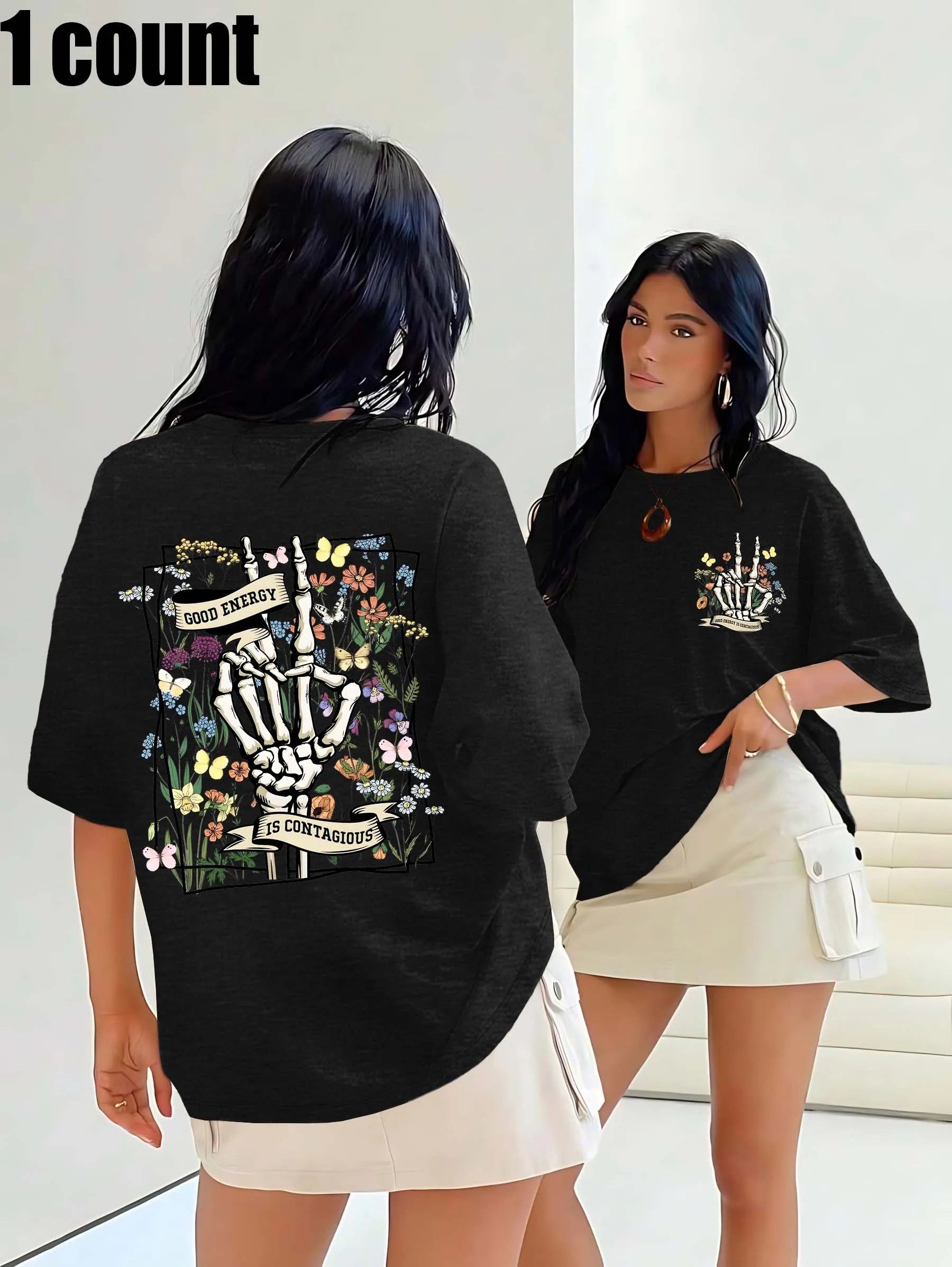 Plus - Size เสื้อยืดคอกลมสีขาว Good Energy - Contagious - พิมพ์ธีม: Boho - มีรสชาติและบวก - มีกลิ่น