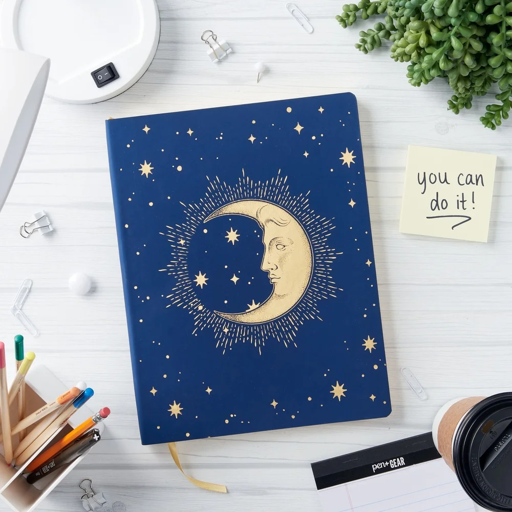 مجلة القمر الكبيرة 11 × 8.5 بوصة 96 ورقة دفتر مسطر لجميع الأعمار من الجلد الأزرق الناعم الذهبي التذهيب قائمة الملاحظات المثالية المجلات