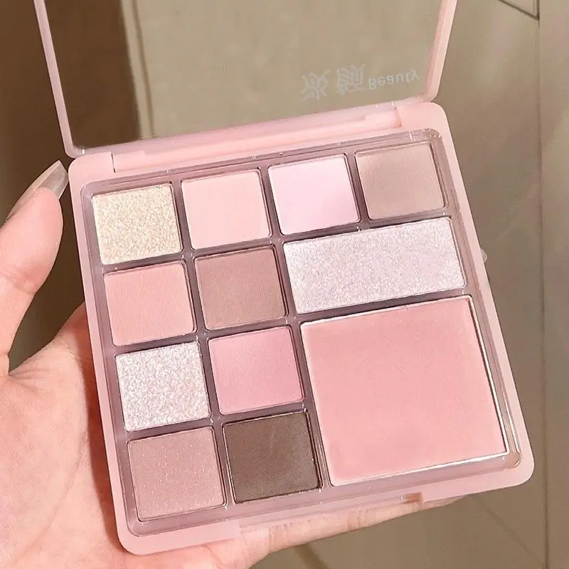 12-color blush & eyeshadow one-piece palette, rose milk tea tone, low saturation matte pearlescent Korean style, Valentine's Day