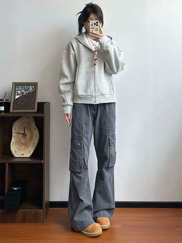 

American Retro Workwear Sle Multi-ket Straight Leg Casual Pants ex ey Waed Design Long Trousers