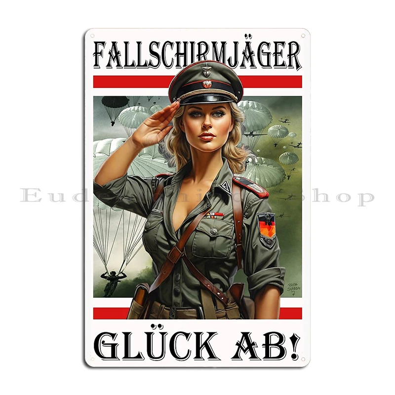 Paratrooper Lucky Down Germany Ready for Anything Pin Up Girl Metal Personalized Decoration Party Wall Decor Tin Sign Poster