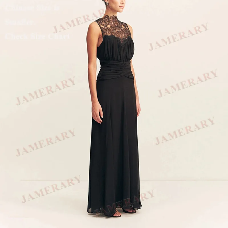 ชุดเดรสยาวผ้าชีฟองลูกไม้ฤดูร้อน ดีไซน์หรูหรา ทรงเอ พลีท สำหรับงานพรอมหรืองานปาร์ตี้ สีดำ ซีทรู คุณภาพดี