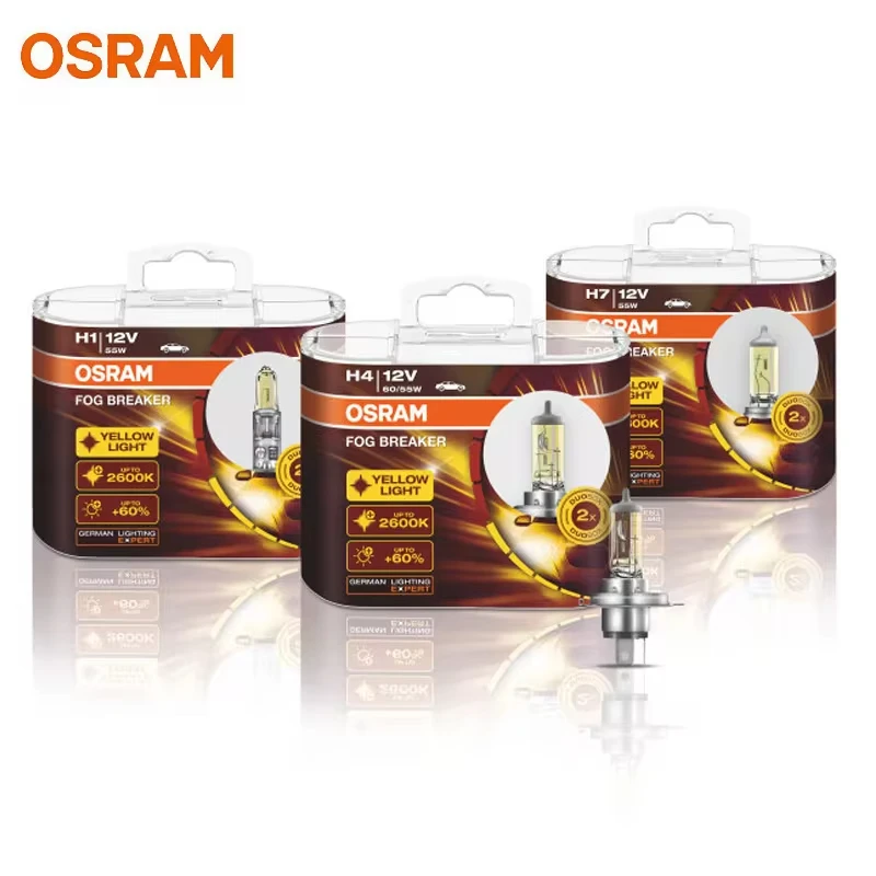 OSRAM FOG BREAKER H1 H3 H4 H7 H8 H11 H16 HB3 HB4 12V 2600K Headlight +200% Yellow Fog Light +60% Bright Car Halogen Lamps (Pair)