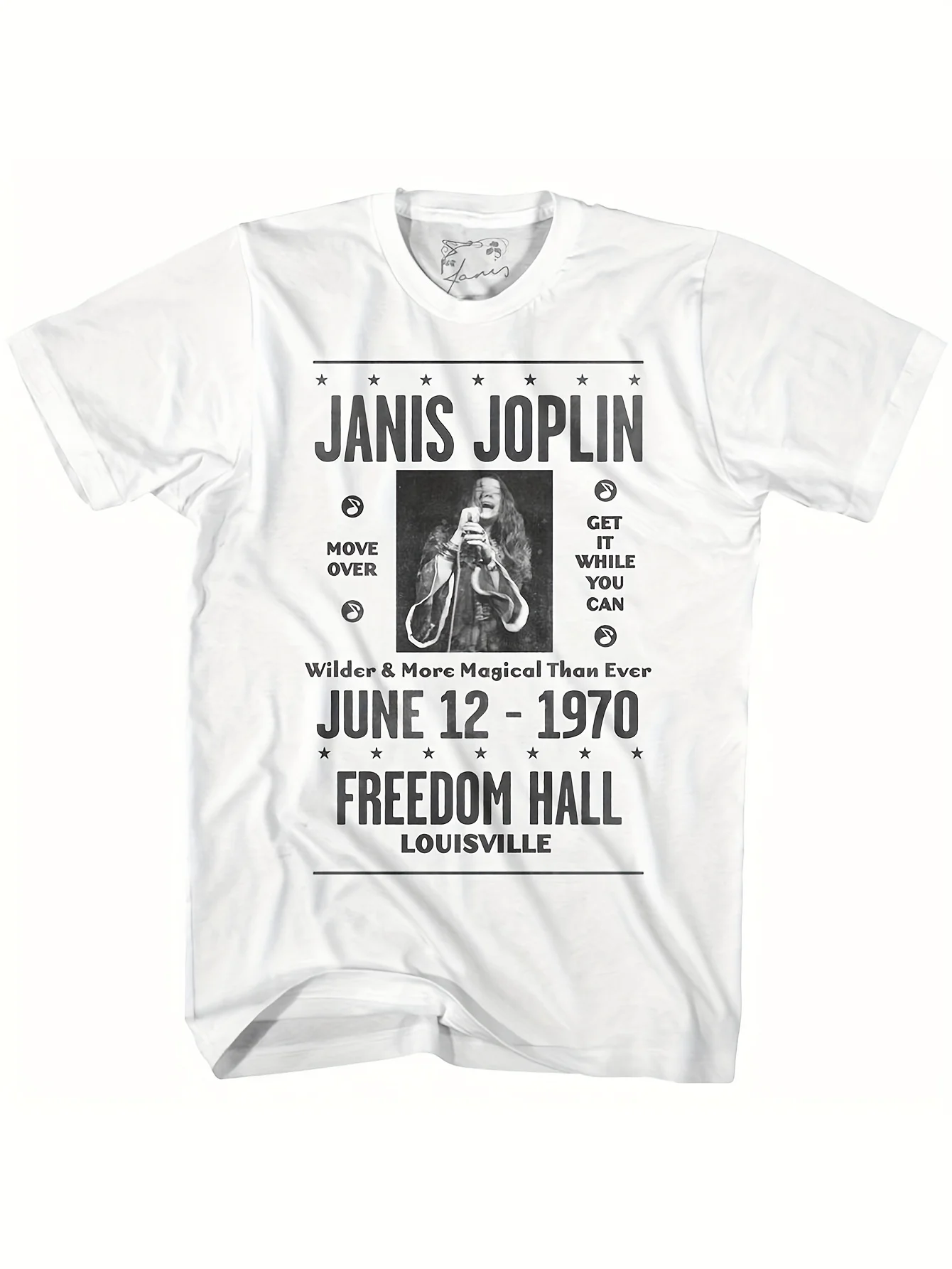 Мужская концертная белая футболка Janis Joplin Louisville 1970 года — повседневный хлопок, с коротким рукавом, круглым вырезом, можно стирать в машине,