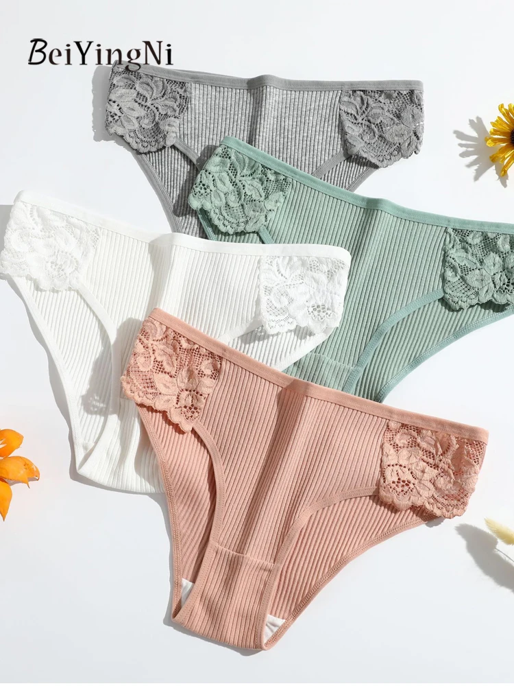 Beiyingni 3PCS/L Cotton Soft Women's Panties and Briefs Sets Lace Spliced Sexy Underpants Woman Sexy Daily Lingerie Underwear