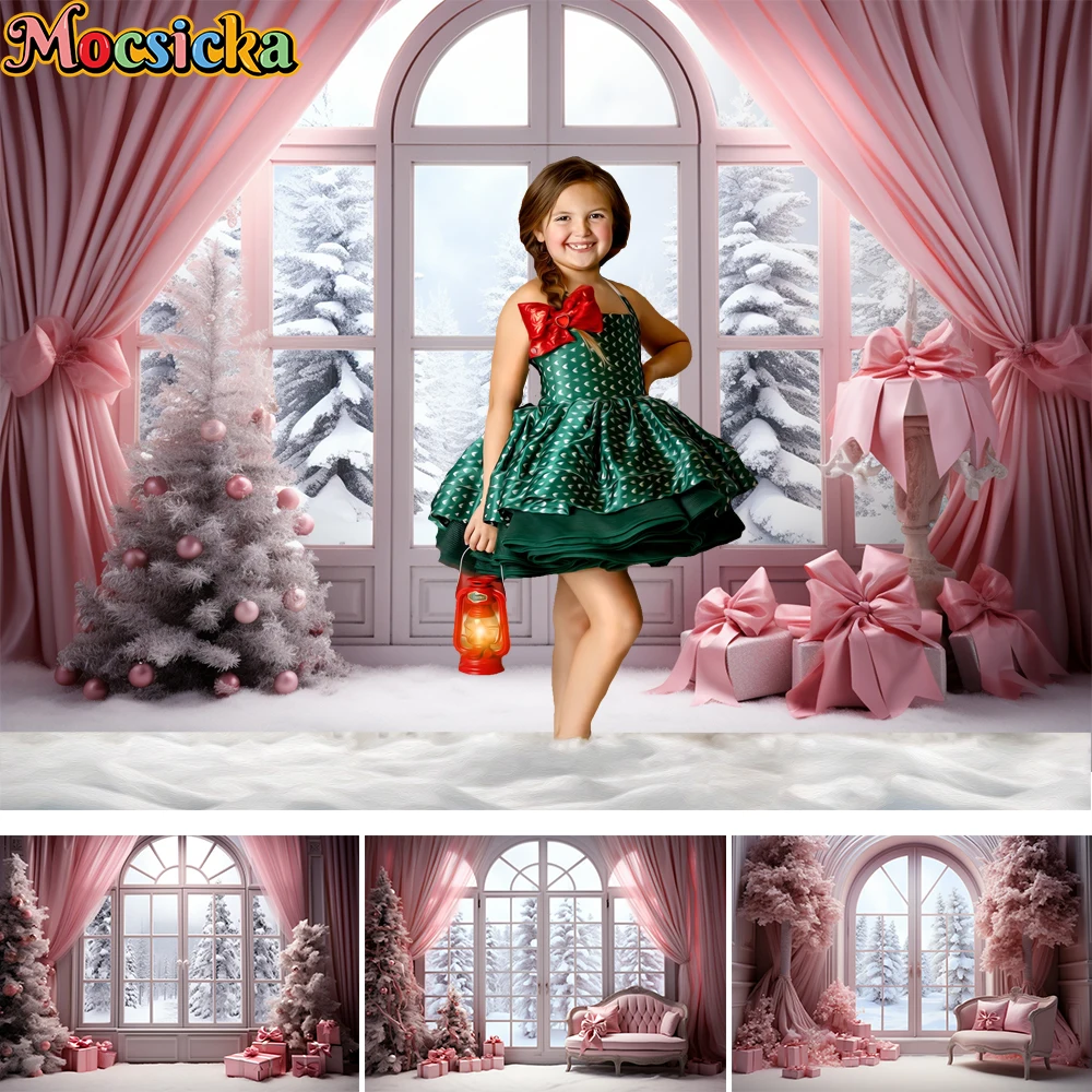 Mocsicka Photography Background Winter Christmas Pink Christmas Holidays Kids Family Portrait Decoration Background Photo Studio