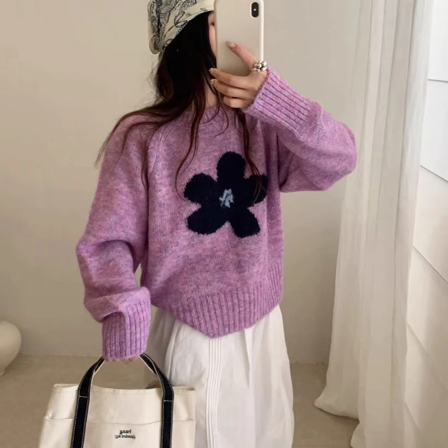 Ropa Para Mujer Cute Big Flower Pattern Sweater Women Dark Grey Crew Neck Oversized Knit Pullover Casual Daily Warm Top