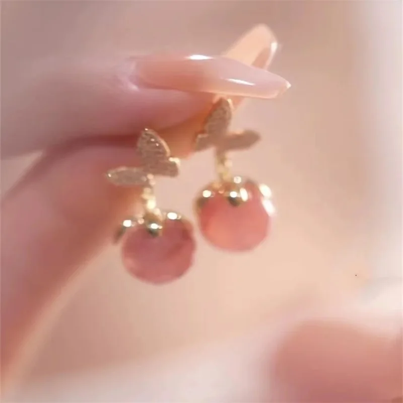 Butterfly Pink Beads Drop Earrings For Women Gold Plating Heart Bowknot Imitation Pearl Drop Earrings Flower Shape Long Earrings