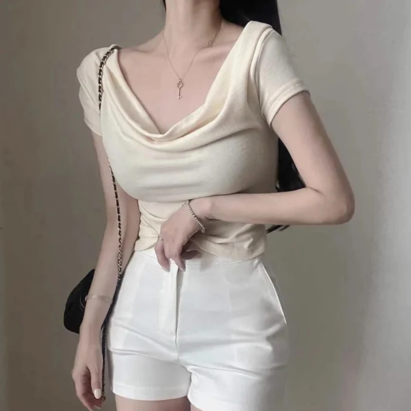 

Gagarich Korean 2025 Loose Neck Elastic Slimming Short Sleeved T-shirt Women Summer New Sweet Style Pleated Spicy Girl Top
