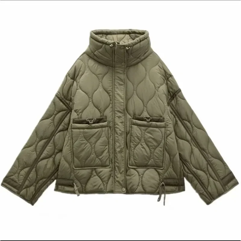 Chaqueta de algodón cálida a la moda para mujer, chaqueta acolchada Vintage con cuello levantado y bolsillos grandes, cremallera frontal de manga larga con botones