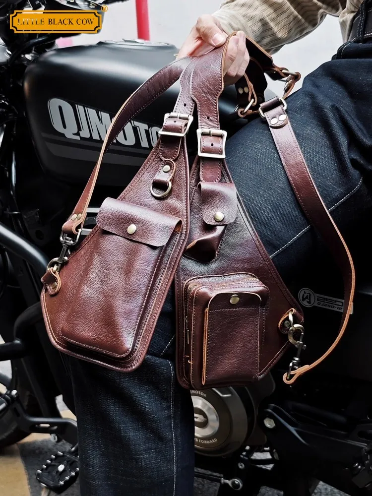 

Vintage Cowskin Genuine Leather Mens Motorcycle Backpack Belt Buckle Handmade Punk Personality Casual Cargo Chest Strap Bag Male