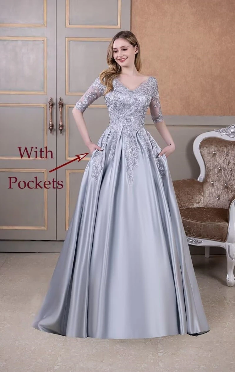 

Mother of The Bride Dress Long Satin Prom Dresses Lace Applique Formal Evening Gown with Sleeve for Women