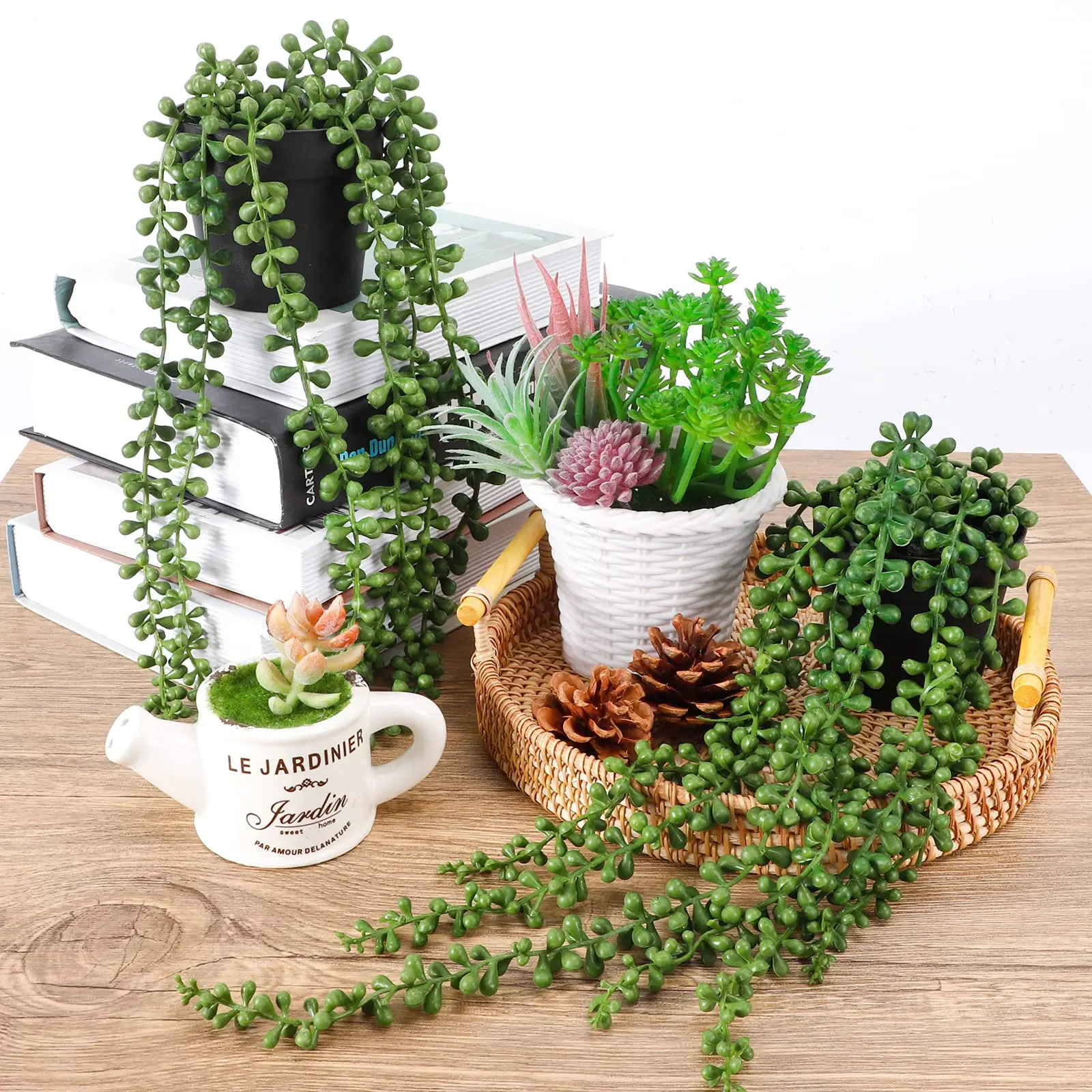 Künstliche Perlenketten-Pflanzen, künstliche hängende Sukkulenten im Topf für Innen- und Außenbereich, Regal, Schreibtisch, Fenster, Haus, Garten, Bürodekoration – Detail 1