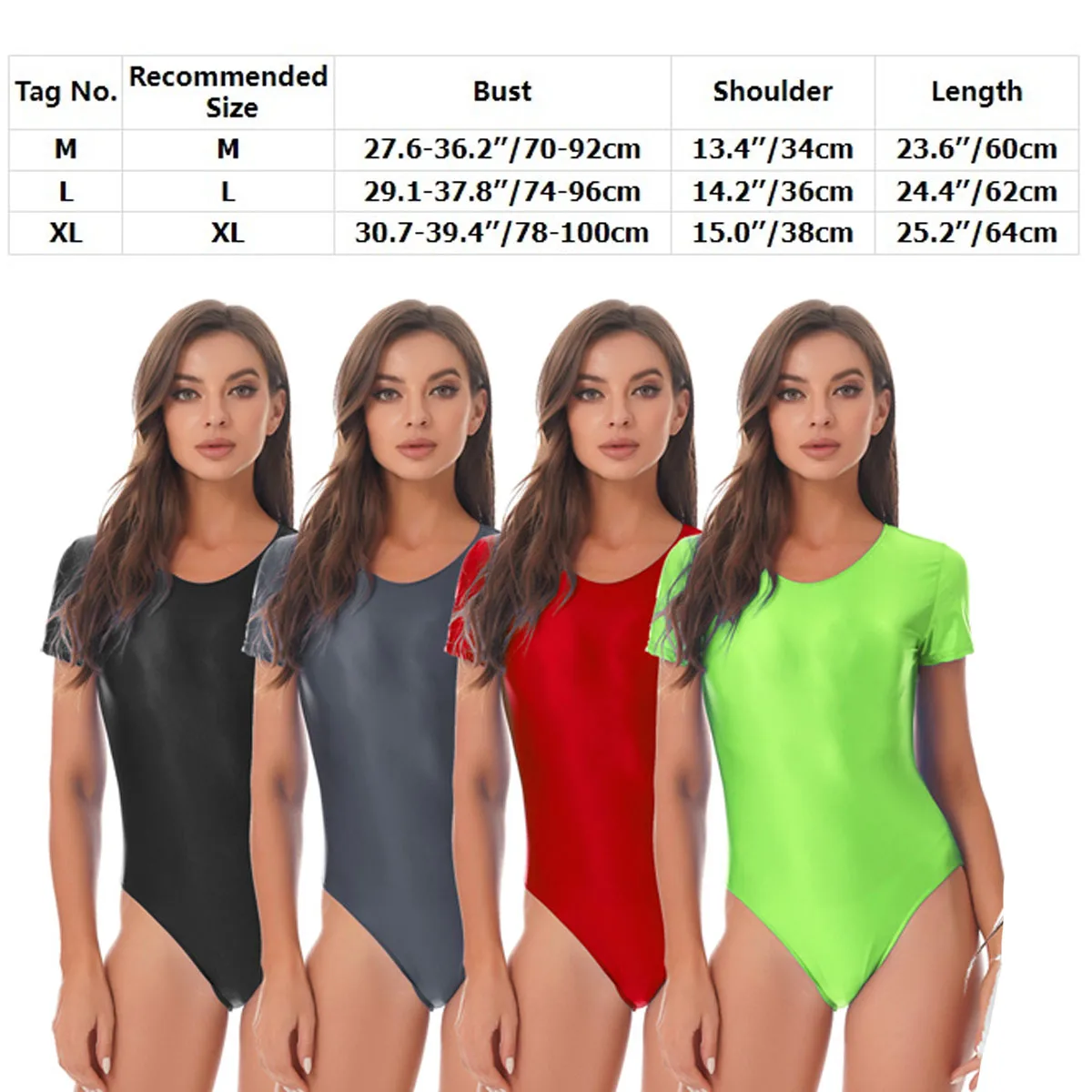 Women Glossy Bodysuit Oil Shiny Smooth Short Sleeve One-Piece Shorty Unitard Swimsuit Swimwear Nightclub Party Tights Clubwear