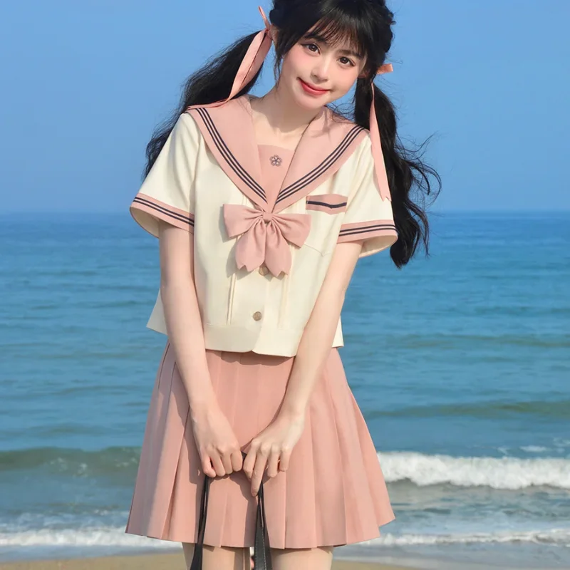 2024 Japanese JK Uniform Sailor Collar Preppy Style Beige Pink Color Matching Short Sleeves Top Pleated Skirt Bow Suit For Girls