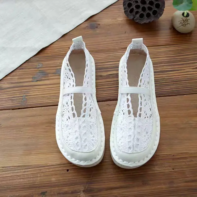 1414 Summer mesh hollow shoes, shallow mouth flat bottomed one word handmade shoes
