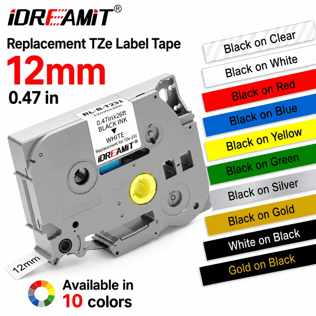 12mm / 0.47in TZE231 Label Tape Replace for TZ231 Compatible for Brother P-Touch Label Printer PTH110 PTH105 PTD210, 1 Pack