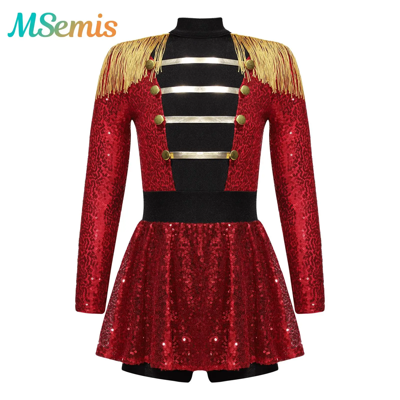 

Детский костюм циркового кольца для девочек, эполет с длинными рукавами и кисточками, платье с блестками, комбинезон, нарядный костюм для косплея на Хэллоуин