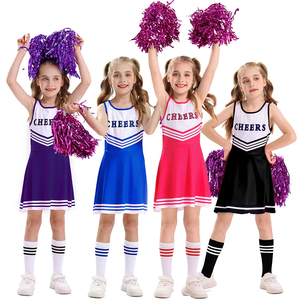 

Football Cheerleading Dance Costumes For Girl One Piece Dress With Socks and Hand Flowers Women Cheering Team Costumes