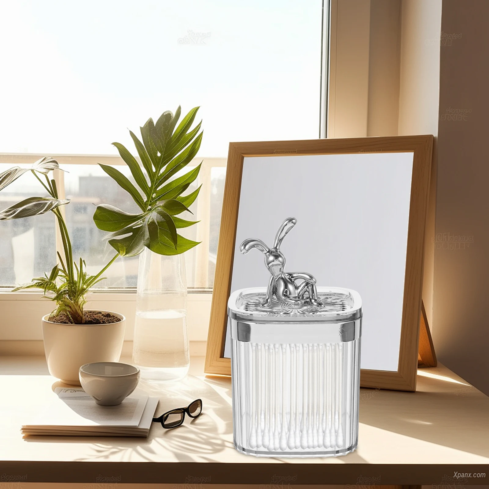 

Rabbit Storage Jar Clear Container Cotton Pads Dispenser Holder Gray Silver Vanity ganizer Desk Box Swab Case Makeup