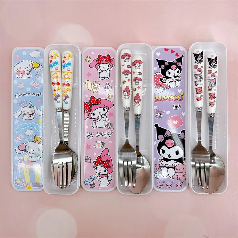 

Kawaii Kuromi Portable Cutlery Box Set Sanrio Anime My Melody Cinnamoroll Cute Cartoon Stainless Steel Spork Spoon Gift for Kids