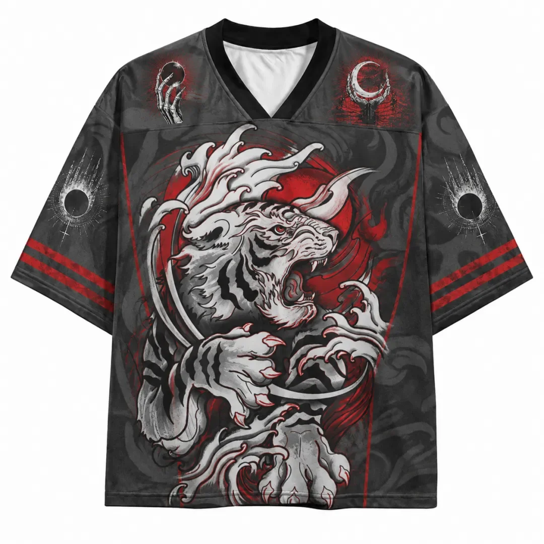 Ukiyo-e Roaring Tiger Wave and Crescent Skull Full Body Printed V-neck Mesh Knitted Shirt Hip Hop Loose Sports T-shirt