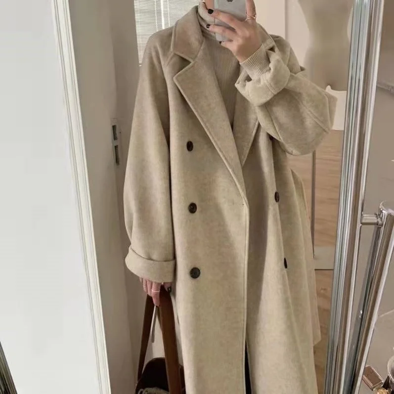 

Autumn Winter Women's Long Jaet Coat Lady Coats Woolen Simulation Coat Slim Fit Long Sve Turn-down Collar Color