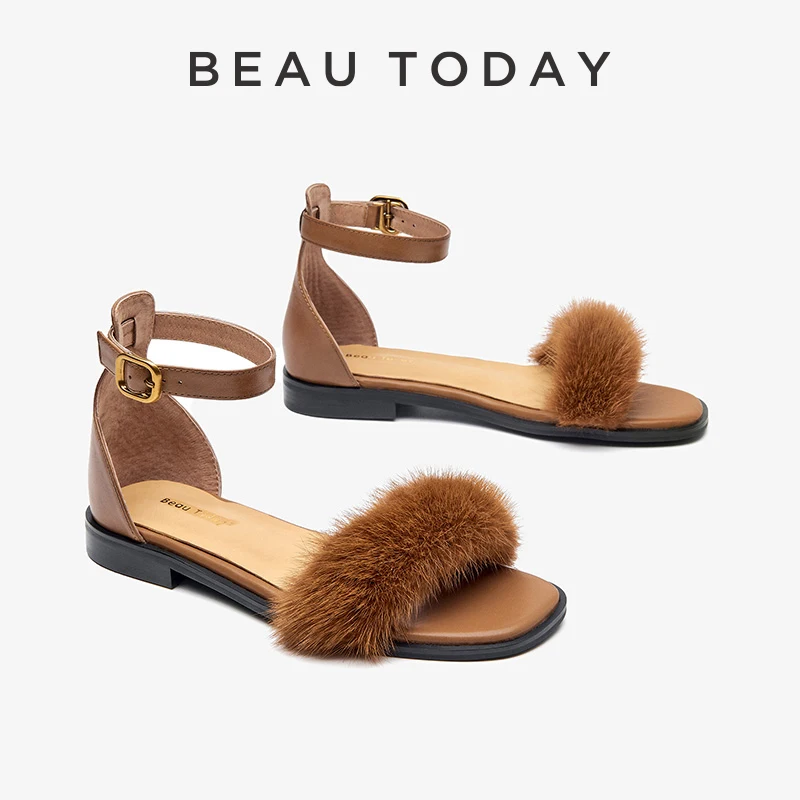 BEAUTODAY Furry Sandals Women Calfskin Leather Solid Color Cover Heel Buckle Strap Elegant Summer Ladies Shoes Handmade 07138