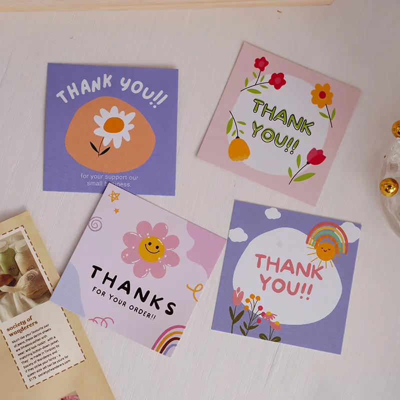 

100Pcs 6cm*6cm Thank You Cards Cartoon Flower Greeting Postcards Multicolor Universal Gratitude Labels Event Ornament Home Decor