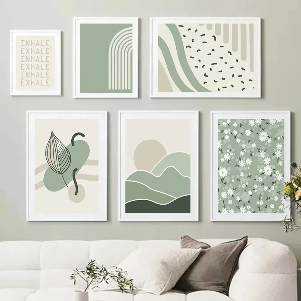 Sage Green Inhale Exhale Abstract Boho Wall Art Canvas Painting Nordic Posters And Prints Wall Pictures For Living Room Decor