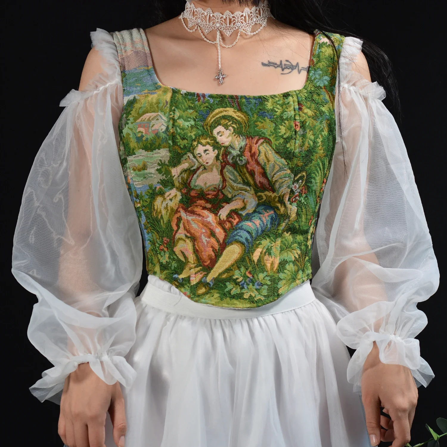 

Corset Women French Style Print Top Overbust Lace Up Long Sleeve Costume Corselet