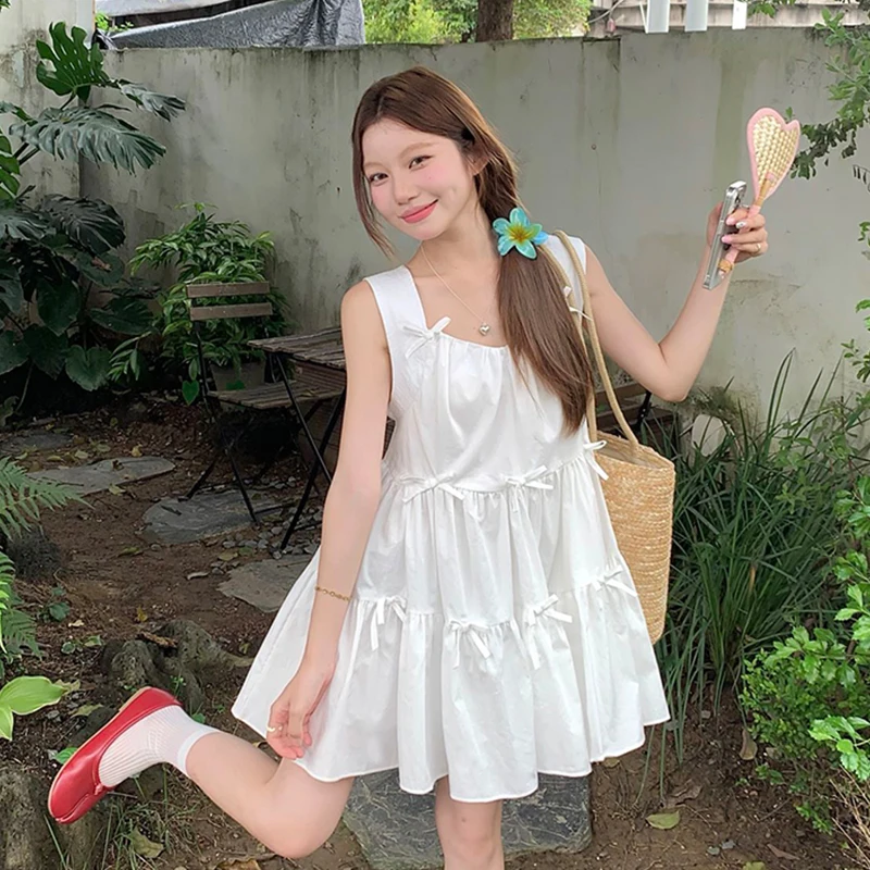 Doce bowknot colete suspender vestido feminino verão férias solto vestidos inchados